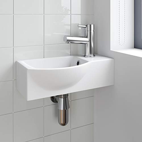 Ceramica® Wall Hung Corner Basin for Bathroom and Cloakroom Hand Wash Basins Sink One Tap Hole Modern White Gloss, 410 x 225mm Left Hand