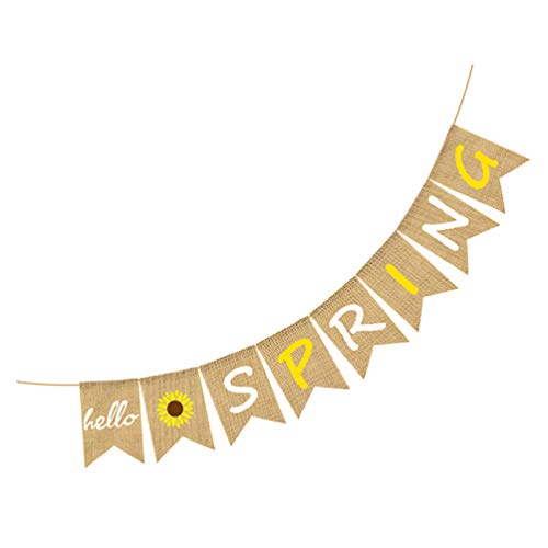 Amosfun Hello Spring Burlap Banner Rustic Spring Banner Garland Sunflower Bunting Banner Seasonal Christmas Party Decoration for Fireplace - Image 3