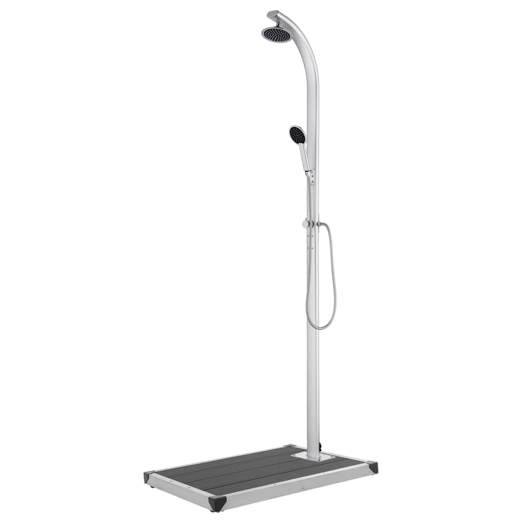 Ducha de jardín de aluminio de 220 cm con placa base gris, ducha de cabeza y ducha de mano, manguera flexible de doble bloqueo de 1,5 m, soporte de ducha de mano para toalla, placa de suelo