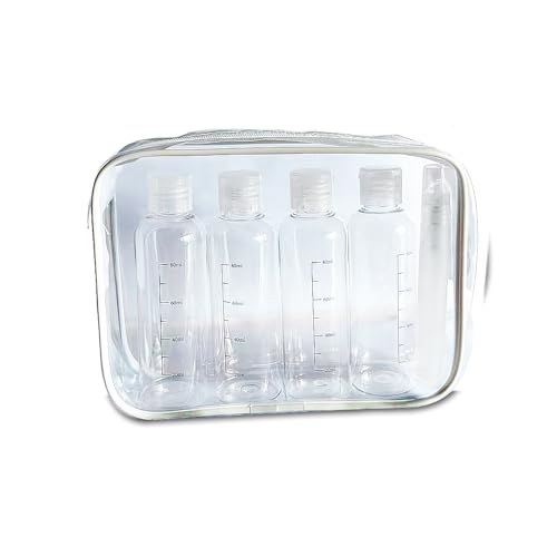 Neceser de Viaje con Botellas Vacía,4 PCS Botes de 100ml & Botella Spray pulverizador 10ml,Kit de Viaje Avion,Bolsa Neceser Transparente Botes de Viaje para Gel,Champú,Crema,Loción