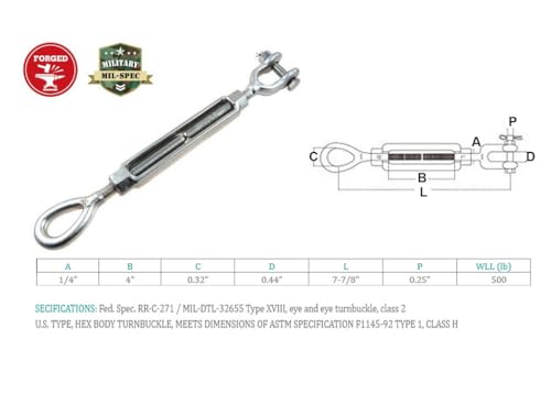 Prolinemax Stainless Steel T316 Drop Forged 1/4" x 4" Jaw Eye Turnbuckle 500 Lbs WLL miniatura 2