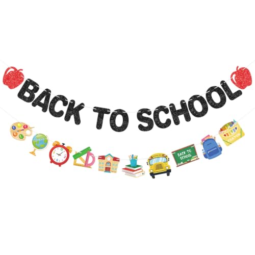 Image of Glitter Back to School Banner First Day of School Garland Colorful Glittery Pencil Apple Classroom Decorations for Teacher Preschool Classroom Office Home Decor Photo Backdrop Party Favors