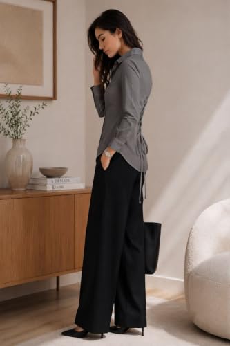 Image of OOMPH! Women's Cotton Solid Corset Style Shirt | Back Lace-Up Tie-Up Cinched Waist | Full Sleeve Button-Down Formal Office & Smart Casual Shirt