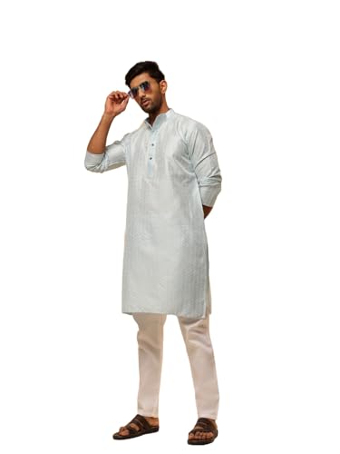 Image of SOJANYA (Since 1958 Men's Silk Blend Contrast White Thread Detailing Kurta With White Pyjama