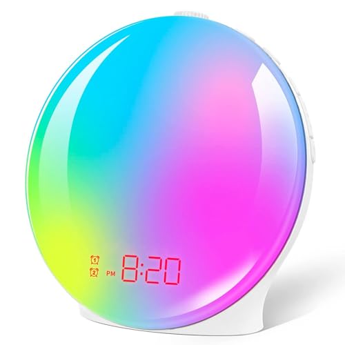 CLUHERTVY Alarm Clock Wake Up Light with Sunrise/Sunset Simulation Dual Alarms and Snooze Function, 10 Natural Sounds, 7 Colors Atmosphere Lamp and FM Radio, Built-in Phone Charging Port
