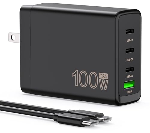 100W USB C Charger Block,4-Port GaN Fast Charger for MacBook Pro, MacBook Air, Google Pixelbook, ThinkPad, Dell XPS, iPad Pro, Galaxy iPhone All USB C Devices 6ft