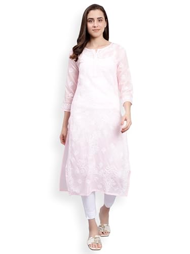Image of Seva Chikan Hand Embroidered Lucknowi Chikankari Terivoil Cotton Regular Fit Straight Kurta for Women SCL4351