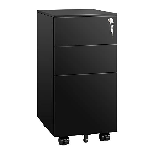 Image of DEVAISE Slim File Cabinet, 3 Drawer Mobile Filing Cabinet for Letter /Legal /A4 Files, Fully Assembled Except Wheels, Black