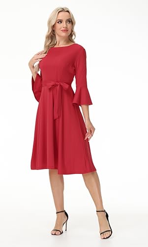 Image of Hostoyo Church Dress for Women Wedding Guest Cocktail Party Dresses Evening Prom Formal Modest Gowns Crew Neck Bell Sleeve
