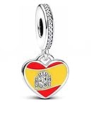 Abalorio de plata 925 con diseño de corazón con bandera de España, compatible con abalorios Pandora, Trollbeads, Chamilia, Biagi y muchas otras pulseras del Reino Unido.