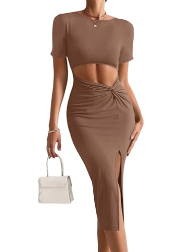 Image of Rooscier Women's Twist Cutout Waist Split Crewneck Short Sleeve Bodycon Midi Dress