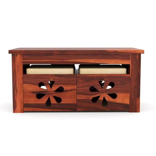 Image of Solid Sheesham Wood Coffee Table with 2 Stools for Home, Office | Wooden Center Coffee Table for Living Room, Center Table with Shelf Storage | (Arban- Honey Finish)