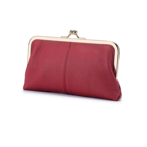 New Women's Evening Bag, Long Wallet Retro Leather Clutch with Kissing Clasp Zipper Card Slot red