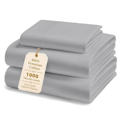 Image of Twin Sheets Set 3 Piece | 1000 Thread Count | Light Grey | Cotton 3-Piece with 15 inch Deep Pocket Soft & Luxurious Sateen Weave Sheets & Pillowcases for Twin Bed by PRATEE