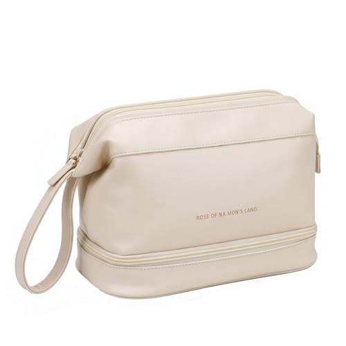 Pocmimut Leather Makeup Bag,Makeup Bag Cosmetic Bag for Women 2-in-1 Portable Drawstring Travel Makeup Bag with Mirror Large Double Layer Make Up Brush Bags, White, L, 1
