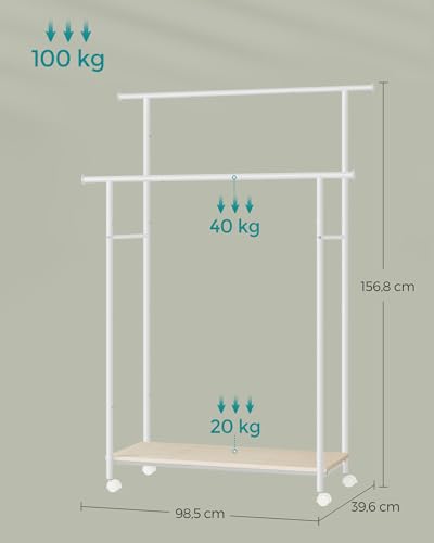 SONGMICS Wieszak na ubrania z kółkami, wieszak na ubrania z półką, podwójny wieszak, szerokość 98,5 cm, nośność całkowita 100 kg, konstrukcja stalowa, naturalny beż i chmurna biel HSR152W01