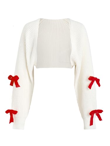 Verdusa Women's Bow Knot Open Front Long Sleeve Knitted Crop Cute Cardigan Sweater Red and White Medium