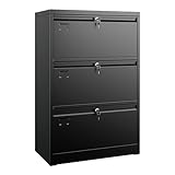 Aobabo 3 Drawer Wide Lateral File Cabinet, Metal Filing Cabinet with Lock, Suitable for Home Office School Hanging Files Letter/Legal/F4/A4 Size,Black,Required-Assembly,15.87