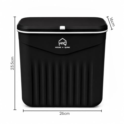 Image of House of Quirk 7L Hanging Kitchen Trash Can with Lid, Wall Mounted & Cabinet Door Waste Bin, Double-Sided Opening (Carbon Black)