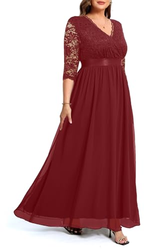 Image of Pinup Fashion Wedding Dresses for Bride Plus Size - Formal Evening Gown Wrap Neck Lace Chiffon Long Dress
