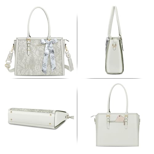 Image of MOSISO Laptop Bag for Women, PU Leather Tote Bag, Front Embossed Retro Hibiscus Computer Bags with Silk Scarf&Clutch Purse
