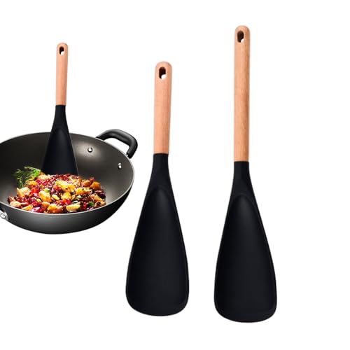 Silicone Spatula Set - 2 Pieces Cooking Paddle for Baking and Frying | Flexible Non-Stick Silicone Head with Wooden Handle, Heat-Resistant Kitchen Utensil for Mixing, Pancake, 86/98g Black White