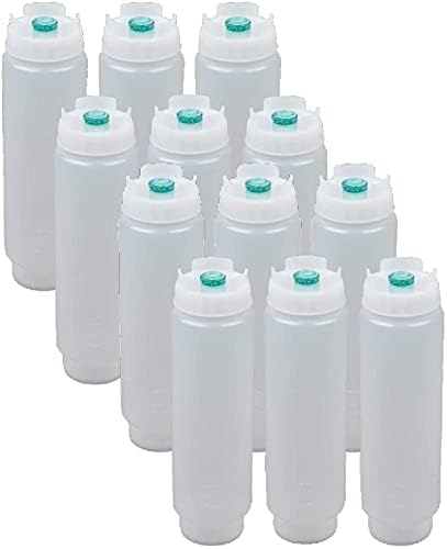 FIFO Squeeze Bottle Refillable 16 oz | Green Tip Small Valve Dispenser for Thin Condiments, Sauces, Batter and Dressing | Self Sealing No Drip No Hassle | (12 Pack)