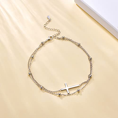 Manbu Sterling Silver Cross Anklet For Women: Bead Layered Chain Ankle Bracelet Summer Holiday Foot Jewelry Gifts For Girls Teens #TOP2