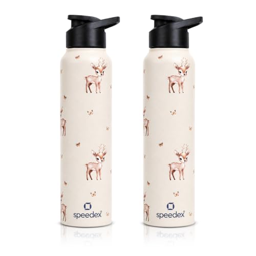 Image of Speedex Stainless Steel Water Bottle 1 Ltr (1000ml), BIS Approved, Leak-Proof Sipper Cap, Baby Deer Printed Design, Office, School, Travel, Daily Use, Men, Women, Boys, Girls, Kids, Set of 2
