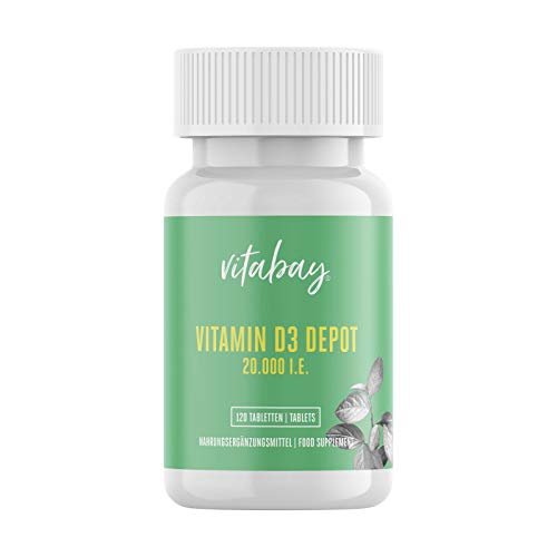 Vitabay Vitamina D3 Depot 20.000 UI (120 comprimidos) • Una pastilla contiene una dosis diaria de 20 • Natural, dosis altas y fabricado en Alemania.