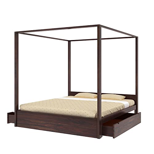 Image of Solid Sheesham Wood Queen Size Poster Bed 2 Drawer Storage for Bed Room Living Room Home Wooden Double Bed Palang Solid Wood Bedroom Furniture for Hotel (Walnut Finish)