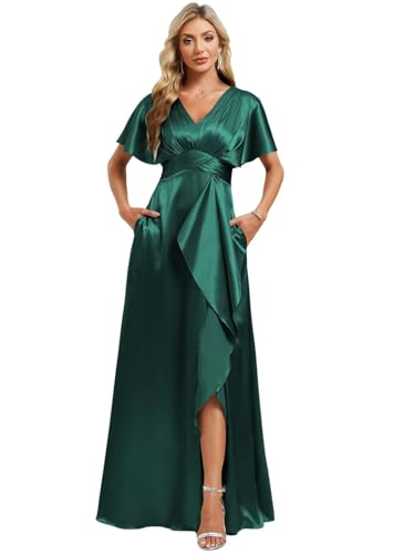 Image of Elegant Satin Bridesmaid Dress with Sleeves Ruffles High Silt Formal Dresses Long for Women Fall DIN022