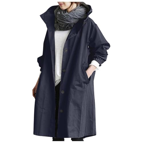 Generisch Gabardina larga para mujer, chaqueta de entretiempo con botones, gabardina con bolsillos y impermeable ajustable, capucha elegante, chaqueta cortavientos de entretiempo, tallas grandes, O