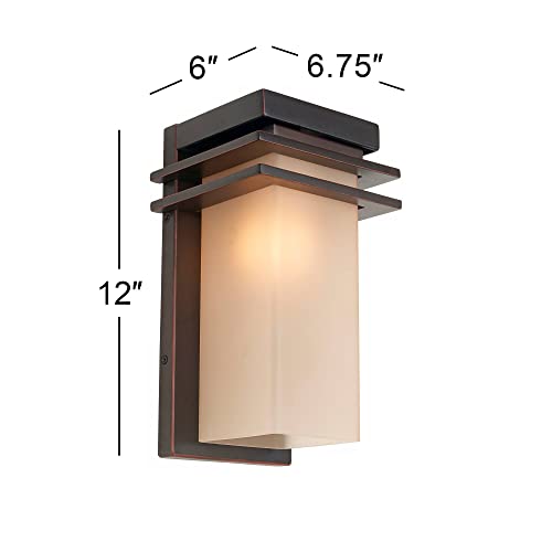 Franklin Iron Works Bernadine Mission Outdoor Wall Light Fixture Oil Rubbed Bronze 12" Opal Etched Amber Glass For Exterior House Porch Patio Outside Deck Garage Yard Front Door Garden Home #TOP3