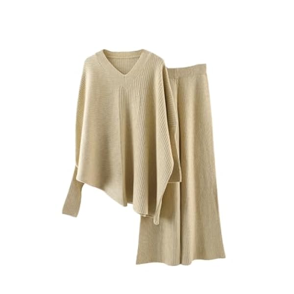 DUOTCYELE Abito In Due Pezzi Maglione Lavorato A Maglia - Set Lavorato A Maglia Pantaloni Larghi A Gamba Larga Pullover Irregolari Ispessiti Scollo A V Vintage Da Donna In Due Pezzi Allentati Caldi