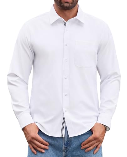 Lion Nardo Oxford Shirts for Mens Solid Long Sleeve Dress Shirts Wrinkle Free Regular Fit Business Casual Button Down Shirts White