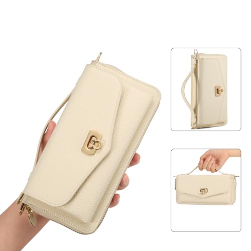 REEGINCH Crossbody Wallet Case for iPhone 16 Pro Max, Magnetic Detachable Floral PU Leather Phone Case with RFID Blocking Card Holder Wristlet Mirror Flip Zipper Shoulder Purse for Wome - White by REEGINCH - Image 9