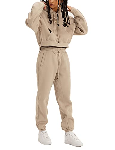 Flygo Jogger Set Women Fleece 2 Piece Sweatsuits Outfits Crop Pullover Hoodie Sweatshirt Pants with Thumb Hole(Khaki-M)