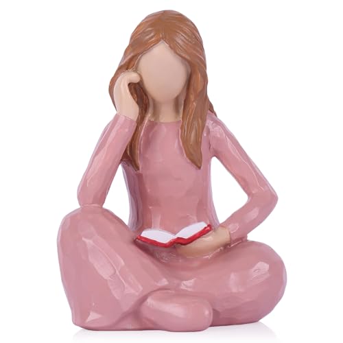 Estatua decorativa rosa mujer leyendo en resina