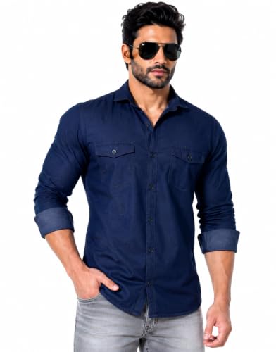 Image of Pocket Full Sleeve Casual Denim Shirt for Men | Regular Fit Stylish Solid Blue Shirt | Button Down | Casual
