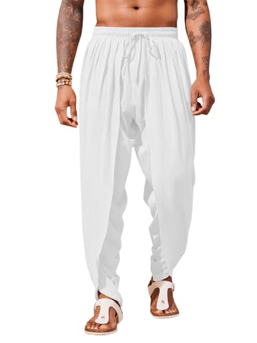 Runcati Mens Linen Harem Pants Casual Elastic Waist Pants Baggy Boho Yoga Hippie Summer Beach Kurta Dhoti Trousers White