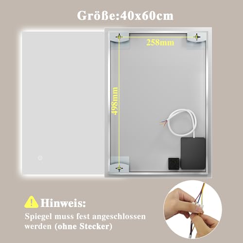 Espejo de baño con iluminación 40 x 60 cm – Espejo de baño LED espejo con iluminación, interruptor táctil, regulable, 3 colores de luz, espejo de pared LED espejo de baño horizontal / vertical - imagen 7
