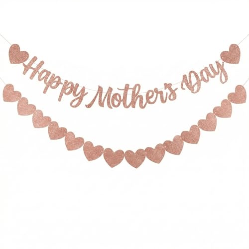 Happy Mother's Day Decorations Banner with Heart Garland Glitter- Pre-strung Mothers Day Decor Sign Banner for Party, Home, Office & Photo Backdrop, 2 Pcs Rose Gold