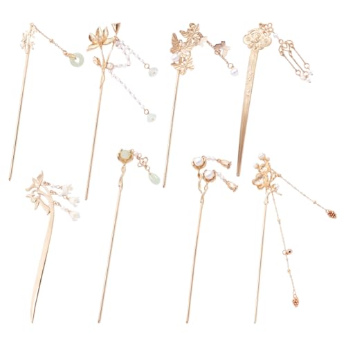 8 pezzi Retro Vintage Asiatico Giapponese Oro Metallo Lungo Bacchette con Perla Giada Tazze Ciondolo Cinese Hanfu Capelli Bun Forchette Titolari Bacchette per Capelli (Set A)