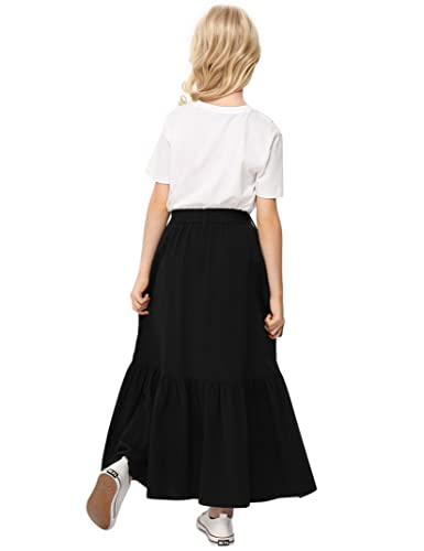 Geru Girl's Button Midi Skirts Casual High Elastic Waist A Line Pleated Midi Chiffon Black Skirts With Pockets 3-4 Years #TOP4
