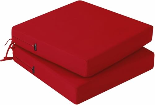 PRIMEPATIO Outdoor Chair Seat Cushions Set of 2, Thick 7cm, Rattan Garden Waterproof Cushions for Outdoor Furniture with Ties, Patio Dining Chair Pads, 50 x 50cm, Red