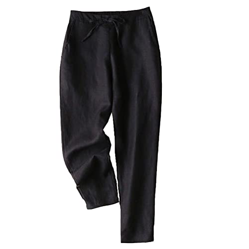 Maiyifu-GJ Women's Linen Cropped Wide Leg Pants High Elastic Waist Long Cropped Trousers Stretch Straight Summer Casual Pant (Black,XX-Large)