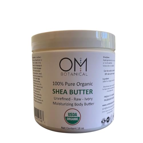 OM Botanical Organic African Shea Butter From Ghana | Raw, Unrefined 16 oz Reusable Jar For Body, Face & Hair 100% Pure, Natural Moisturizer, Best for DIYs Like Lotion, Cream, Lip Balm and Soap