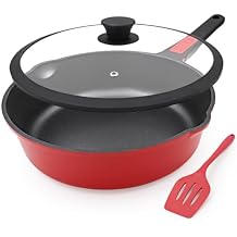 12 Inch Deep Frying Pan with Lid, Large Nonstick Skillet, 5 Qt Saute Pan with Detachable Handle, Compatible with All Stoves, Induction Ready, Oven Safe, PFOA Free, Red