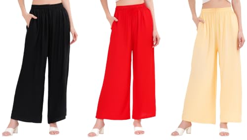 Image of Buy That Trendz Palazzo Pants for Women Rayon Elasticated Regular Fit Flared Wide Leg M to 6XL Pack of 3